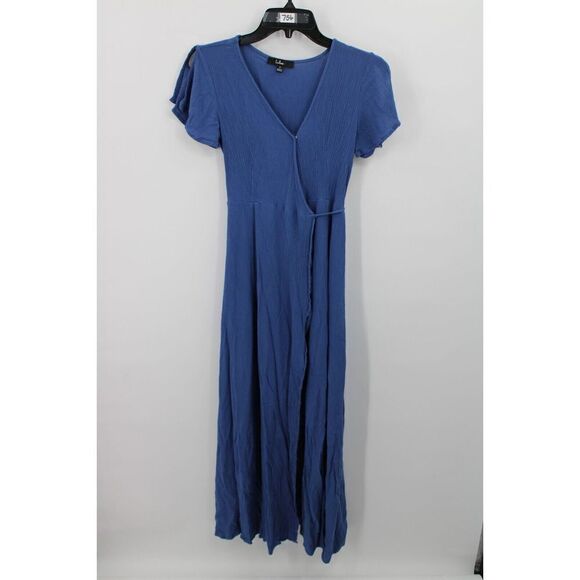 Lulu's Dress Womens SMALL Blue Wrap Maxi Rayon V Neck Split Flutter Sleeve - Picture 1 of 9